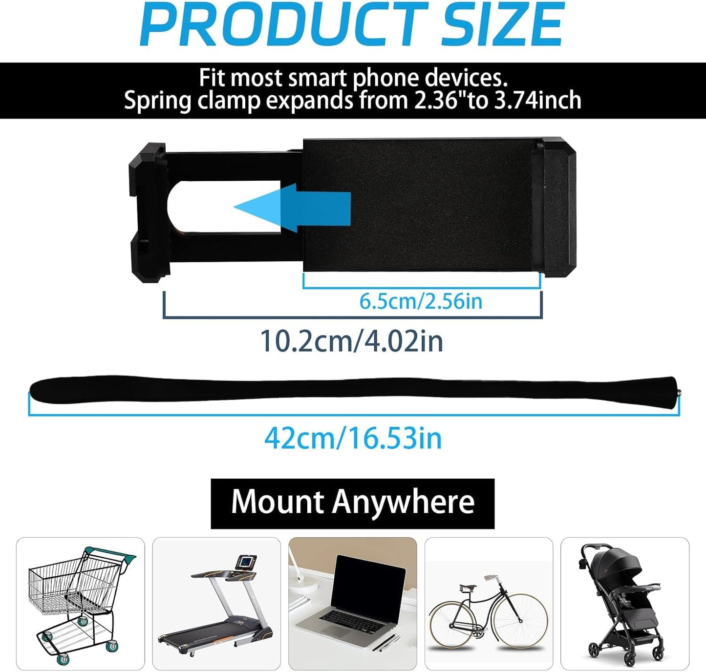 Stroller Phone Holder Portable Cell Phone Holder Stroller Phone Mount with Non-Slip Flexible Arm Flexible Phone Holder Stroller Accessories for Treadmill Spin Bike Shopping Cart Car Kitchen