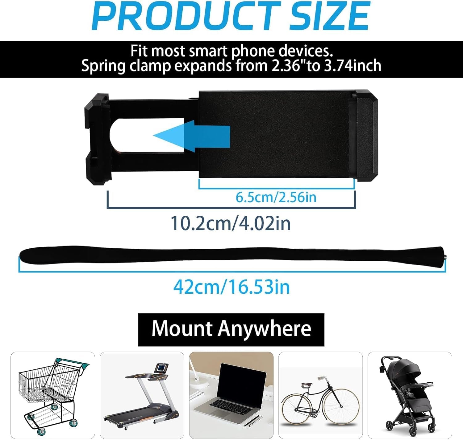 Stroller Phone Holder Portable Cell Phone Holder Stroller Phone Mount with Non-Slip Flexible Arm Flexible Phone Holder Stroller Accessories for Treadmill Spin Bike Shopping Cart Car Kitchen