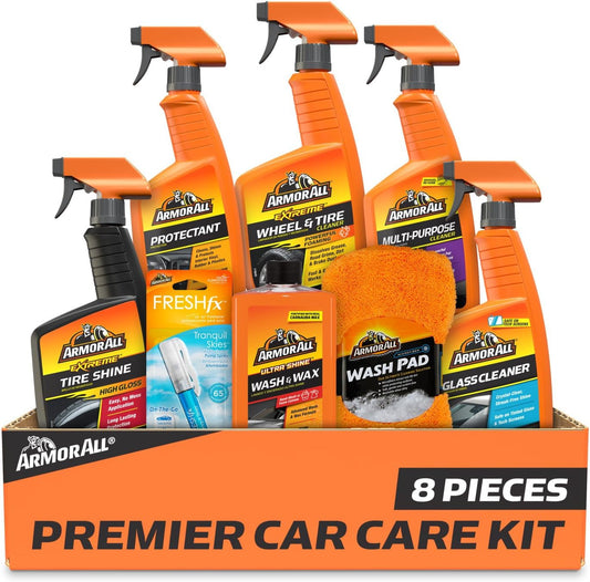 Premier 8-Piece Car Care Kit - Complete Car Detailing Set with Wax, Wash, Glass & Tire Cleaners, Gift for Car Lovers