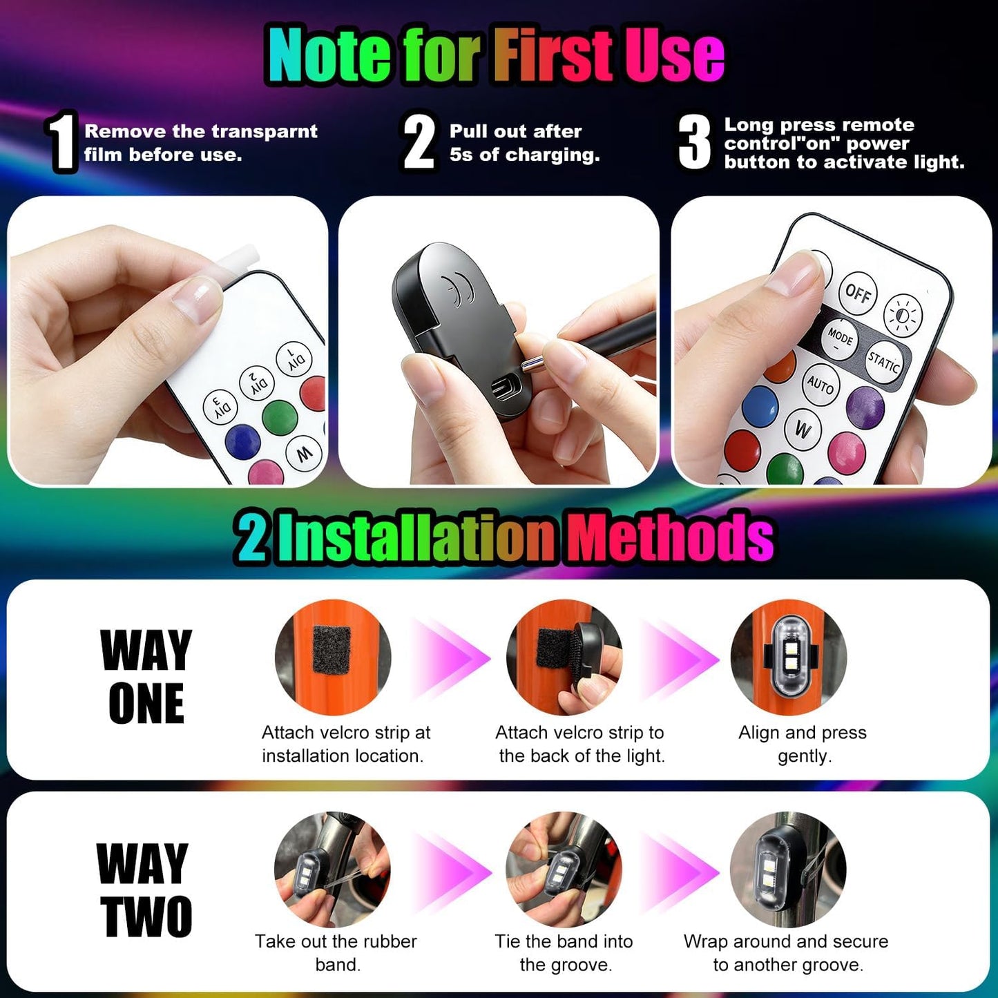 Wireless LED Lights for Car, High-Brightness Wireless Rock Lights with 8 Colors 0 Modes,Led Strobe Warning Light, Motorcycles, Boats, Camping, Bikes, Drones (2Pcs Black)