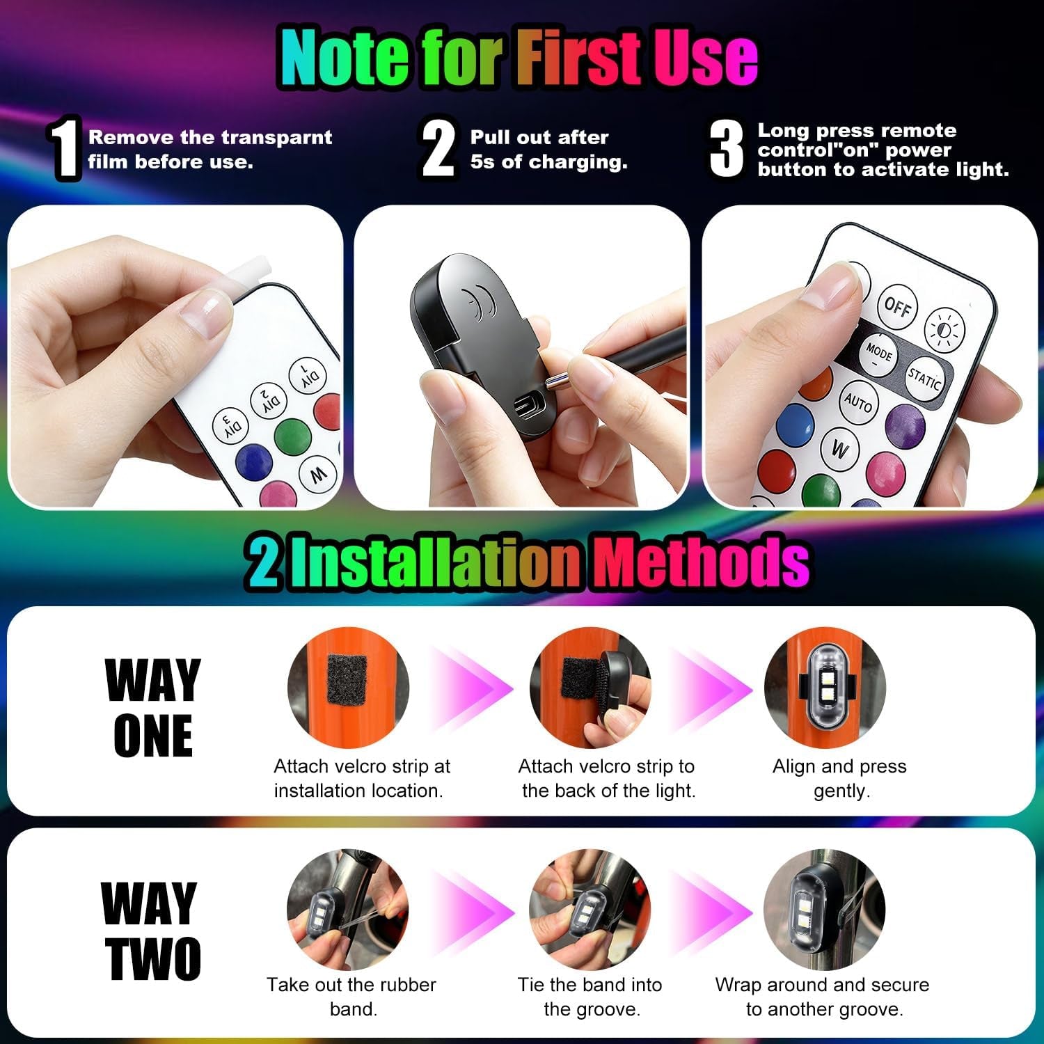 Wireless LED Lights for Car, High-Brightness Wireless Rock Lights with 8 Colors 0 Modes,Led Strobe Warning Light, Motorcycles, Boats, Camping, Bikes, Drones (2Pcs Black)