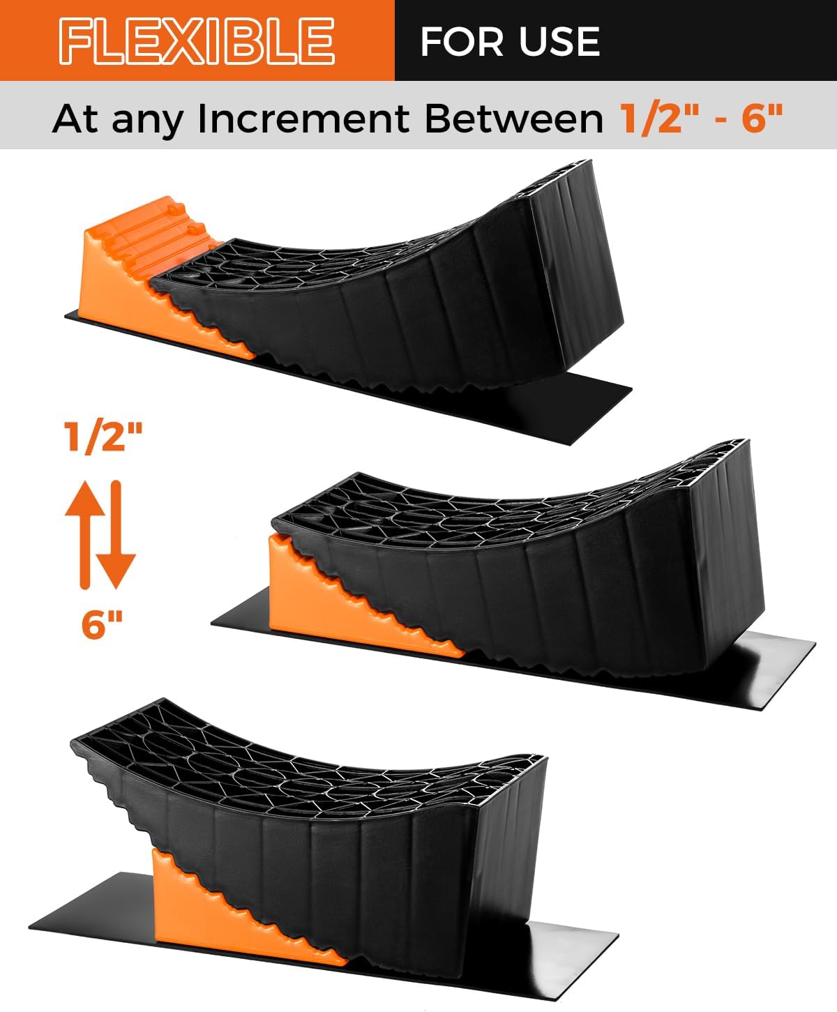 Large Camper Levelers, Raised Tire Change Ramps, RV Leveling Blocks Ramp Kit for RV Camper Travel Trailer, Lift up to 6In with Chocks, Anti-Slip Mats and Carrying Bag (2 Pack)