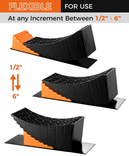 Large Camper Levelers, Raised Tire Change Ramps, RV Leveling Blocks Ramp Kit for RV Camper Travel Trailer, Lift up to 6In with Chocks, Anti-Slip Mats and Carrying Bag (2 Pack)