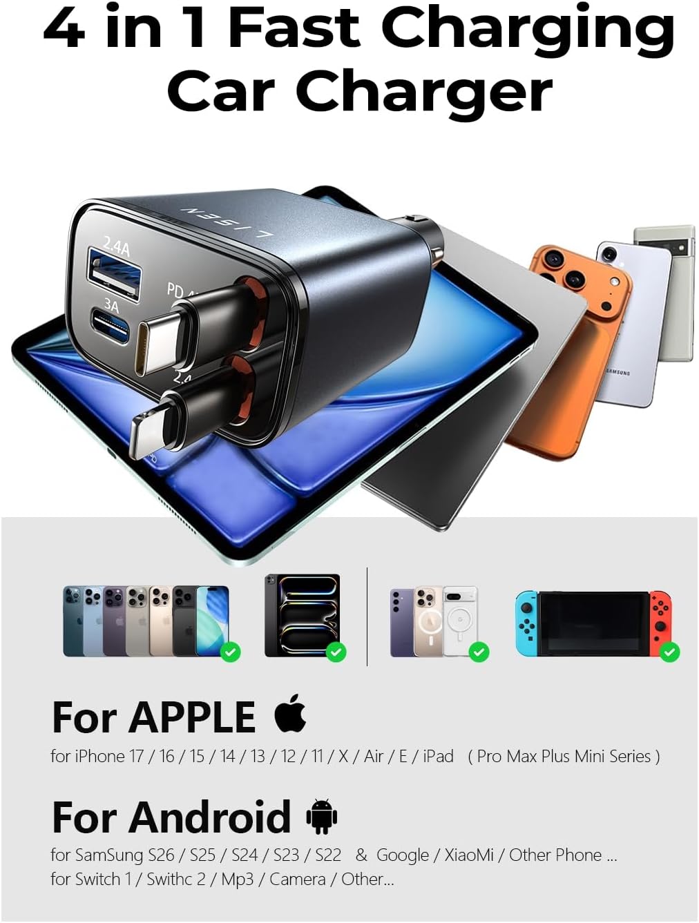 Retractable Car Charger, 84W Car Charger USB C Fast Charger.