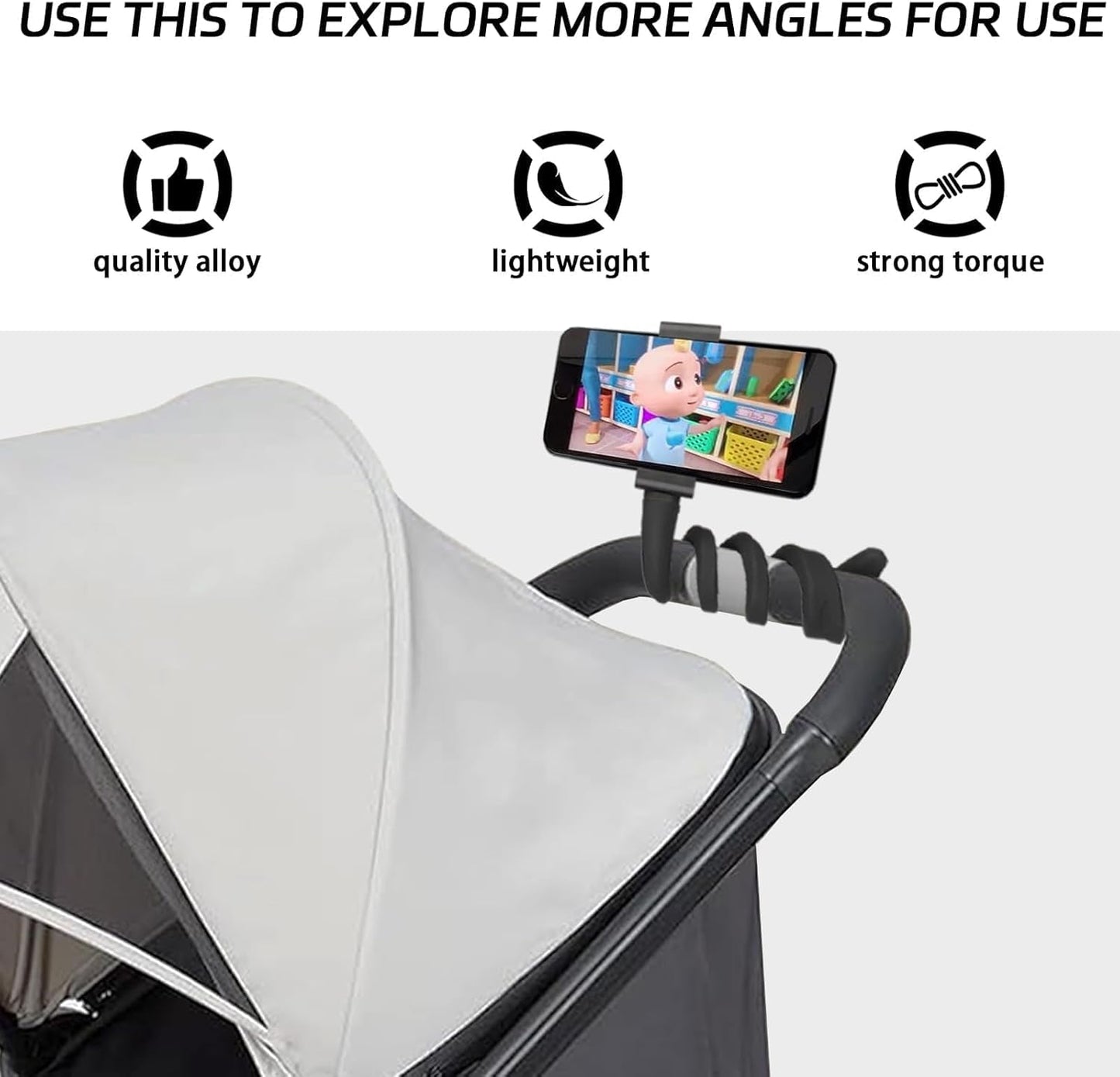 Stroller Phone Holder Portable Cell Phone Holder Stroller Phone Mount with Non-Slip Flexible Arm Flexible Phone Holder Stroller Accessories for Treadmill Spin Bike Shopping Cart Car Kitchen