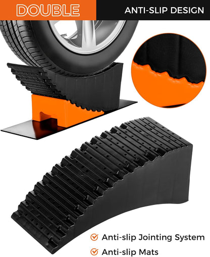 Large Camper Levelers, Raised Tire Change Ramps, RV Leveling Blocks Ramp Kit for RV Camper Travel Trailer, Lift up to 6In with Chocks, Anti-Slip Mats and Carrying Bag (2 Pack)