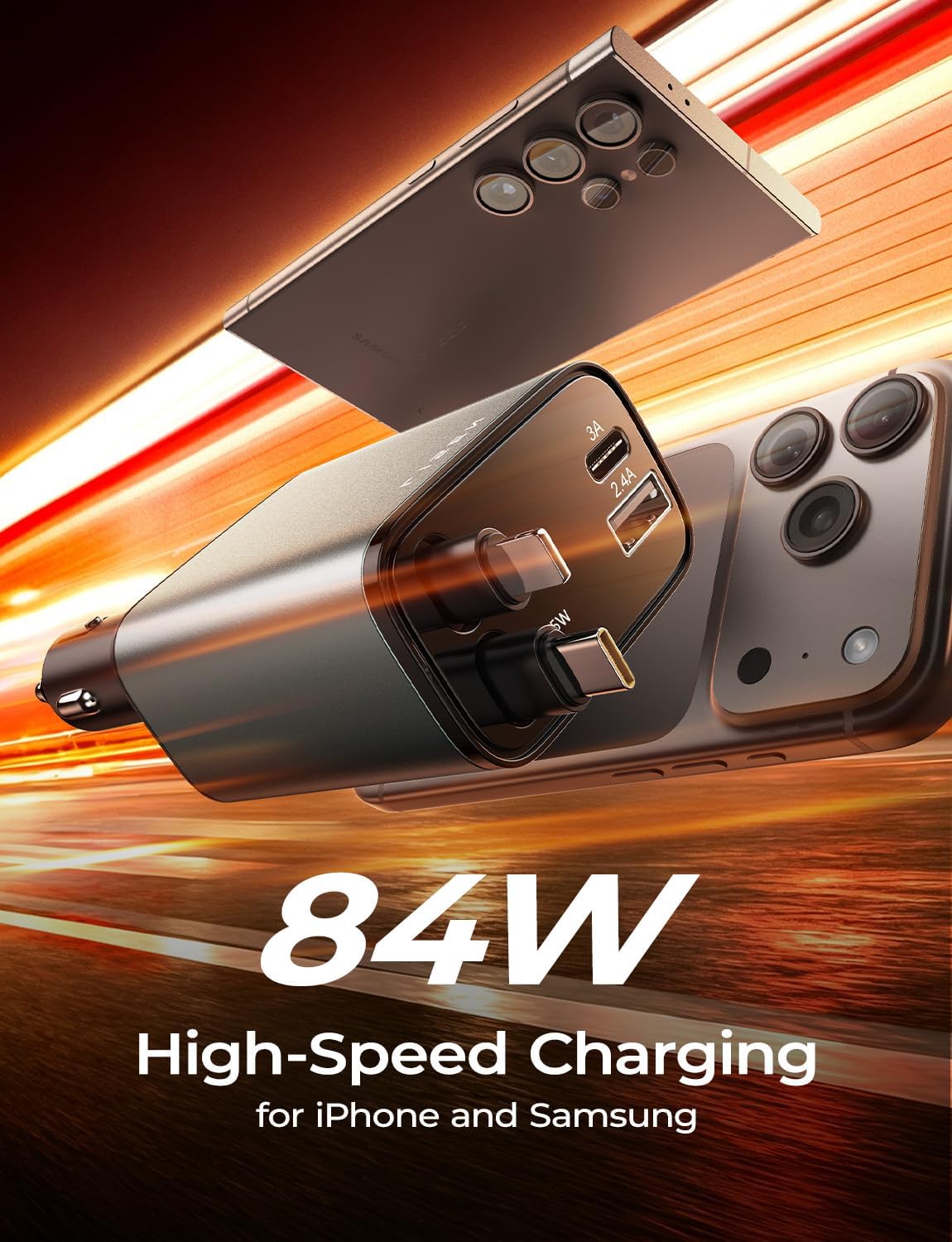 Retractable Car Charger, 84W Car Charger USB C Fast Charger.
