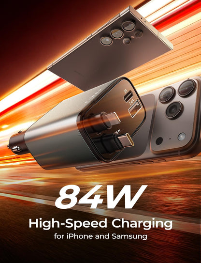 Retractable Car Charger, 84W Car Charger USB C Fast Charger.