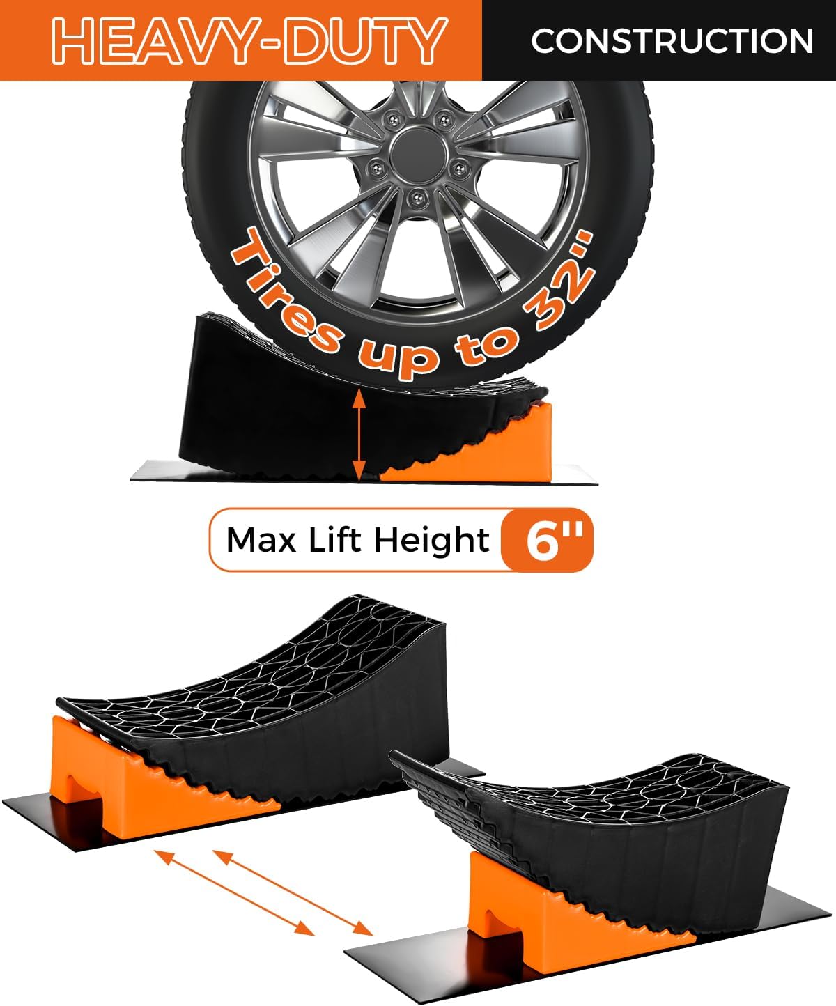 Large Camper Levelers, Raised Tire Change Ramps, RV Leveling Blocks Ramp Kit for RV Camper Travel Trailer, Lift up to 6In with Chocks, Anti-Slip Mats and Carrying Bag (2 Pack)