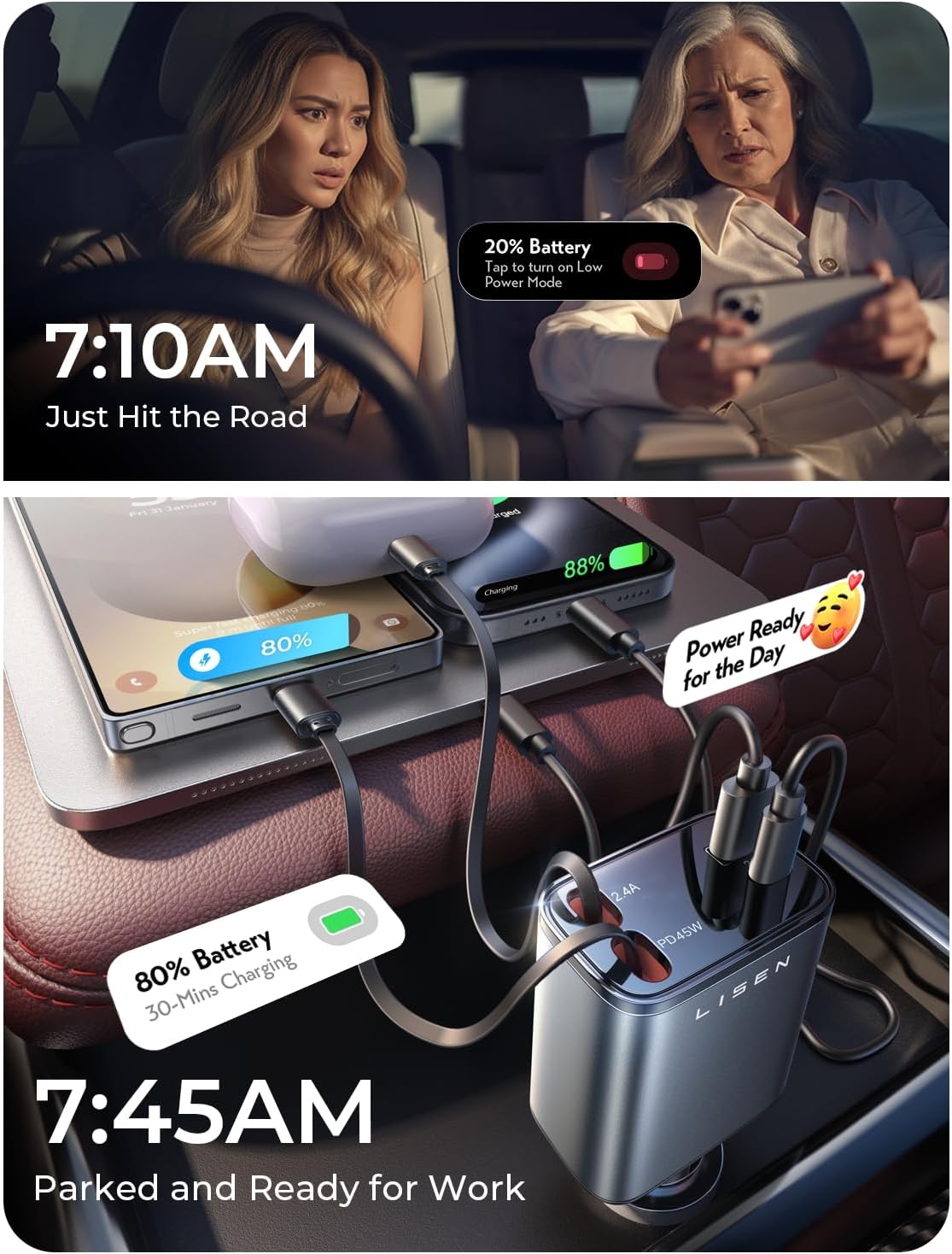 Retractable Car Charger, 84W Car Charger USB C Fast Charger.