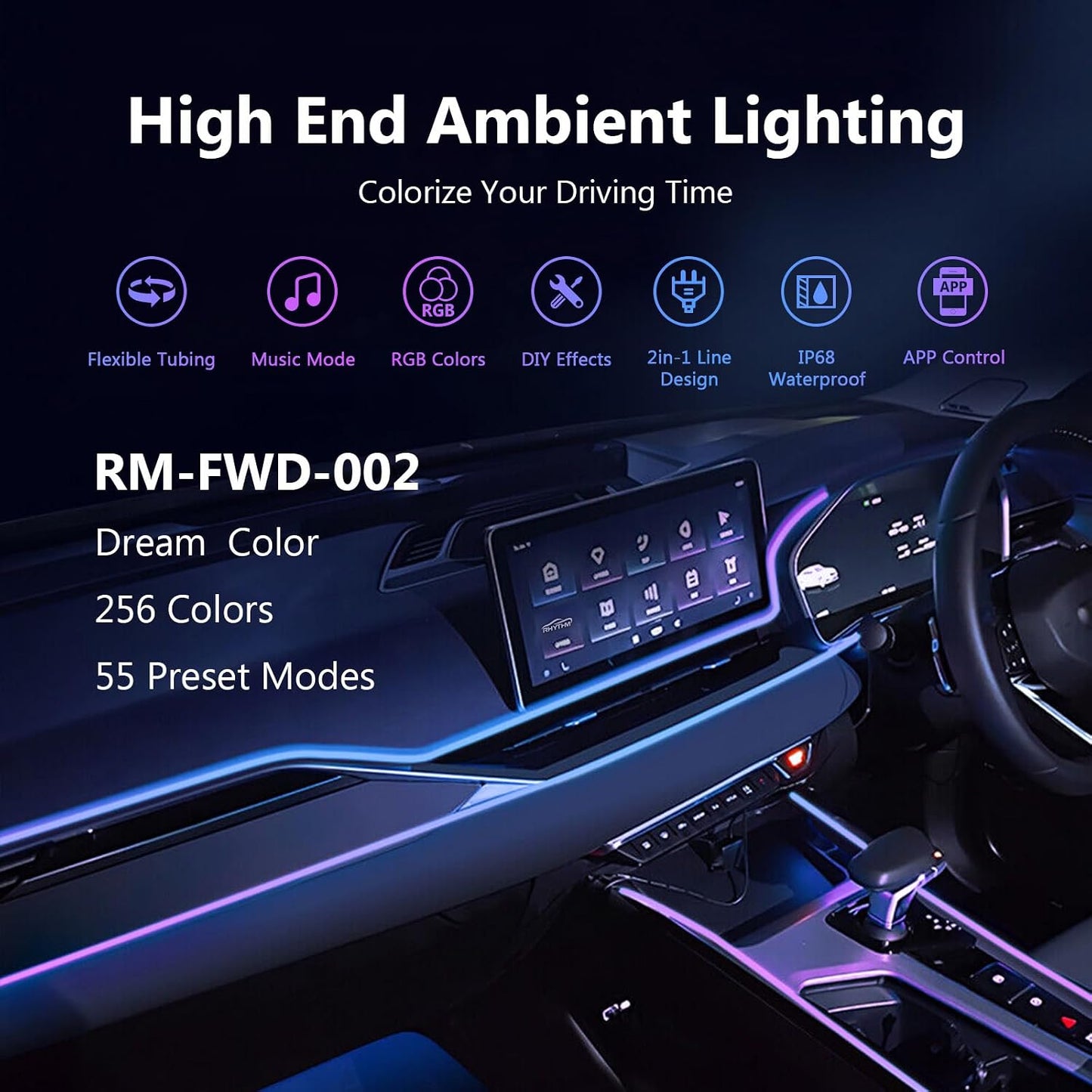 Car-Ambient-Lighting-Kit,Rgb 18 in 1 256 LED with Wireless APP DIY Modes Acrylic