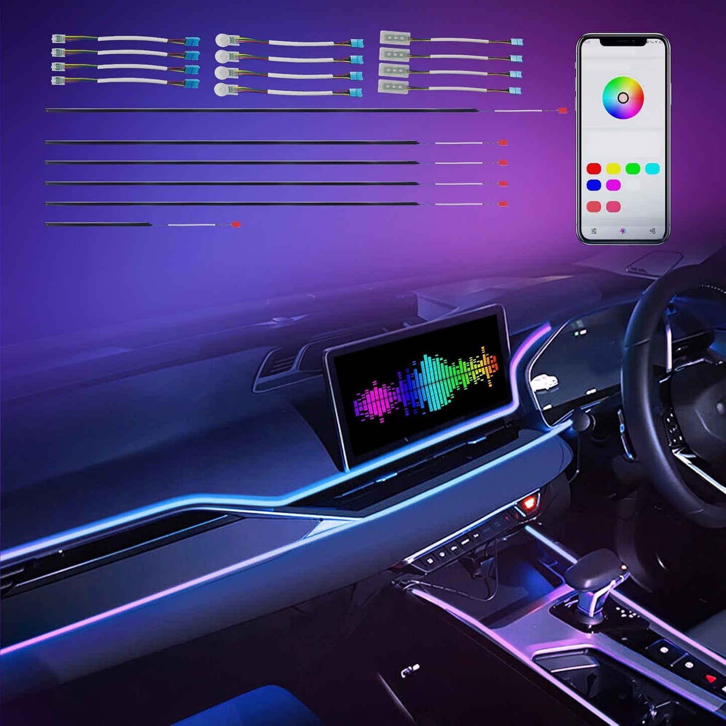Car-Ambient-Lighting-Kit,Rgb 18 in 1 256 LED with Wireless APP DIY Modes Acrylic