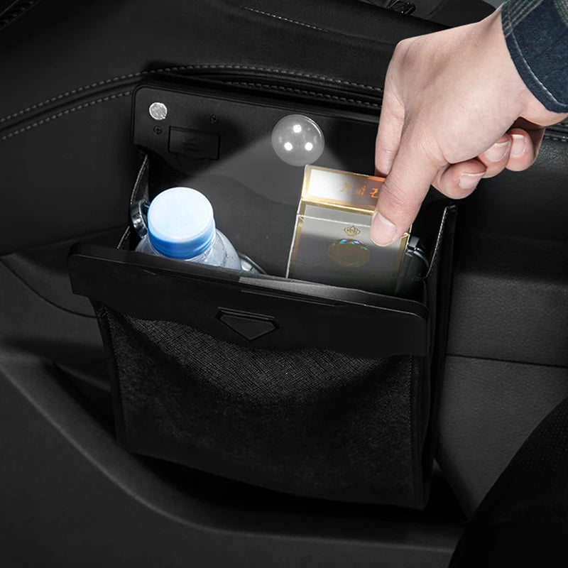 Car Front Seat LED Waterproof Magnetic Adsorption Garbage Bin Suspension Car Seat Leather Storage Leak Proof Garbage Bin 1 Pcs