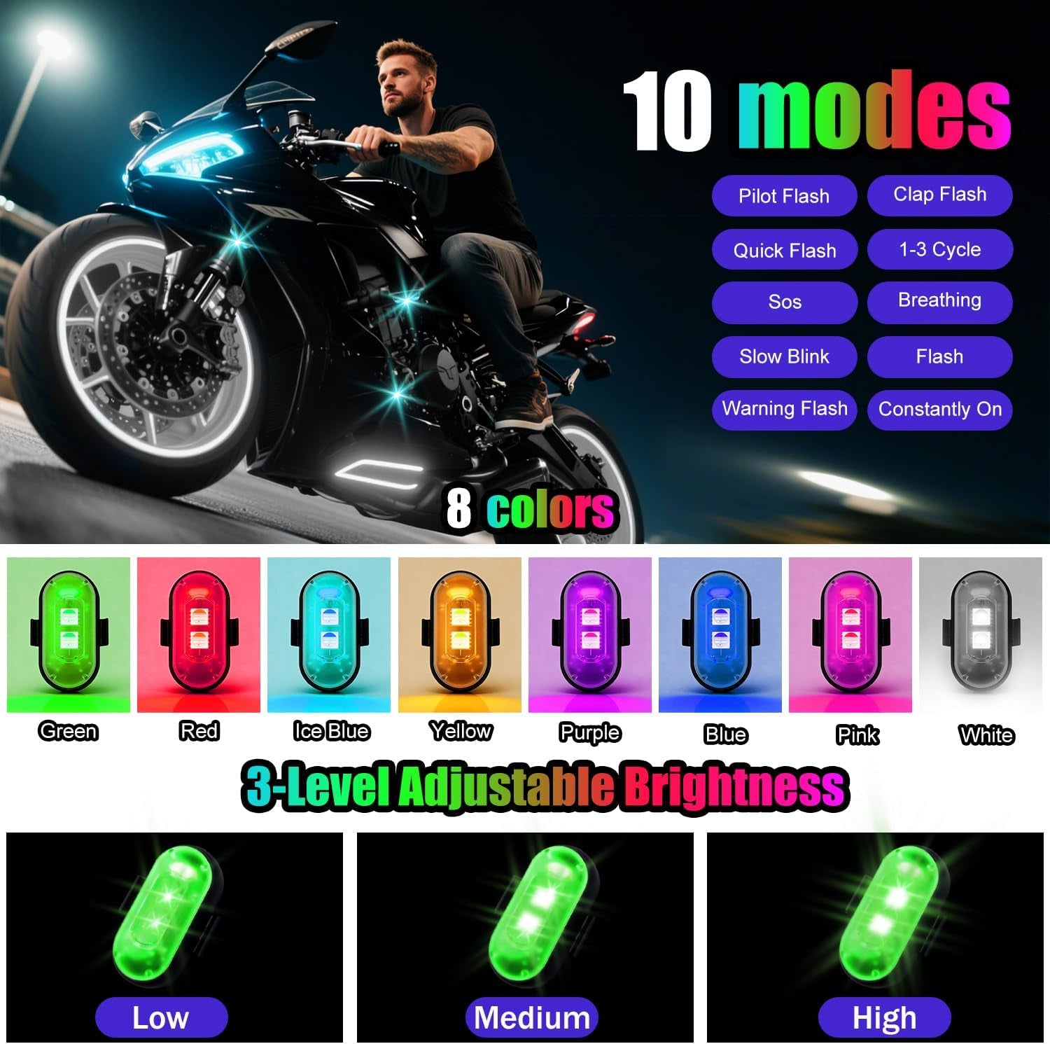 Wireless LED Lights for Car, High-Brightness Wireless Rock Lights with 8 Colors 0 Modes,Led Strobe Warning Light, Motorcycles, Boats, Camping, Bikes, Drones (2Pcs Black)