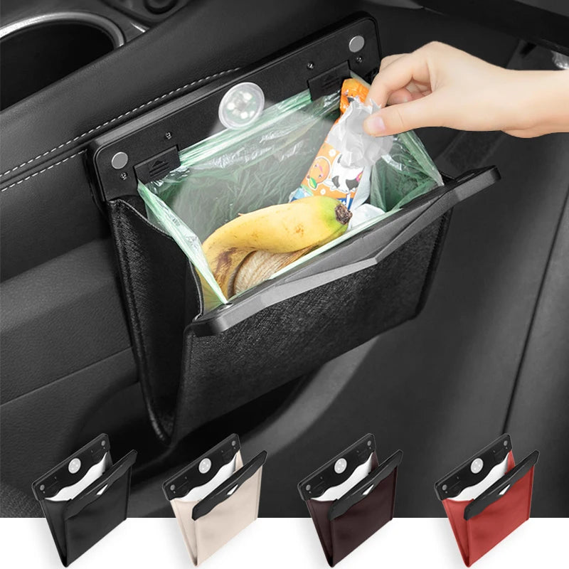 Car Front Seat LED Waterproof Magnetic Adsorption Garbage Bin Suspension Car Seat Leather Storage Leak Proof Garbage Bin 1 Pcs