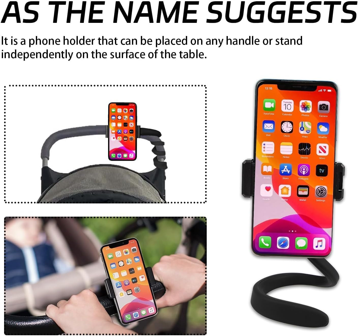 Stroller Phone Holder Portable Cell Phone Holder Stroller Phone Mount with Non-Slip Flexible Arm Flexible Phone Holder Stroller Accessories for Treadmill Spin Bike Shopping Cart Car Kitchen